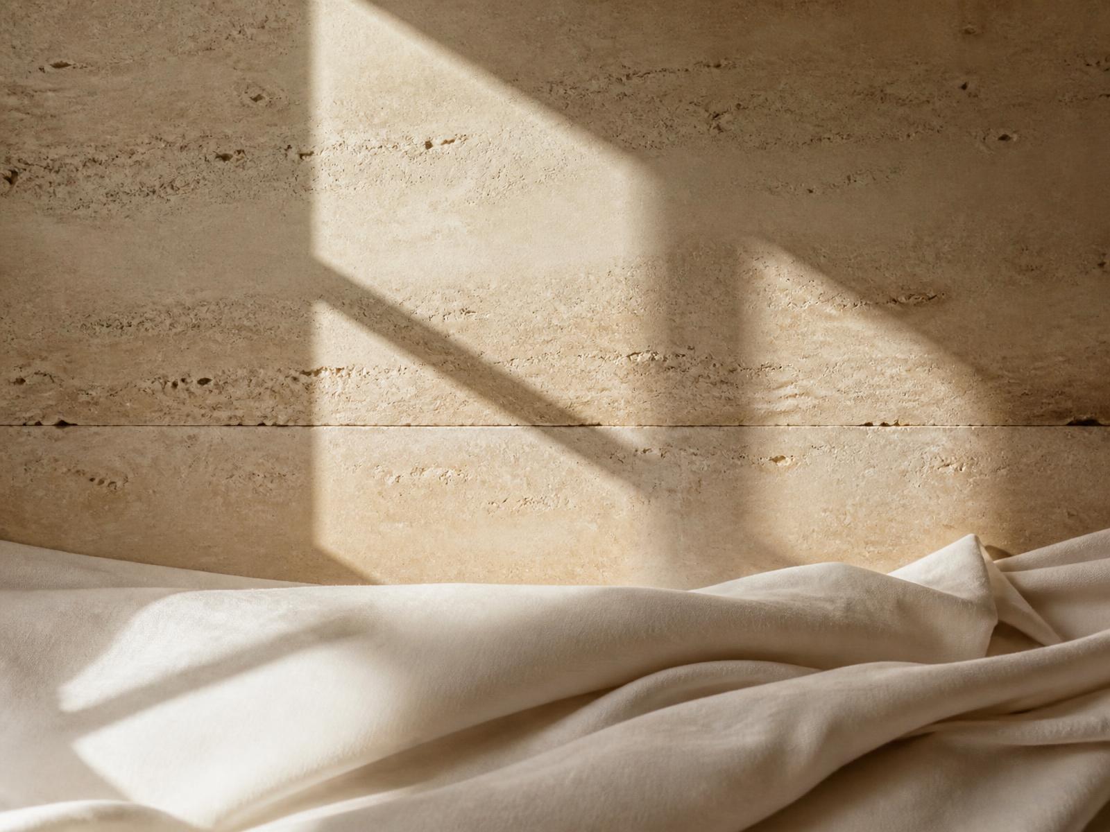 Sunlight and window shadow falling across a warm travertine wall above folded white linen