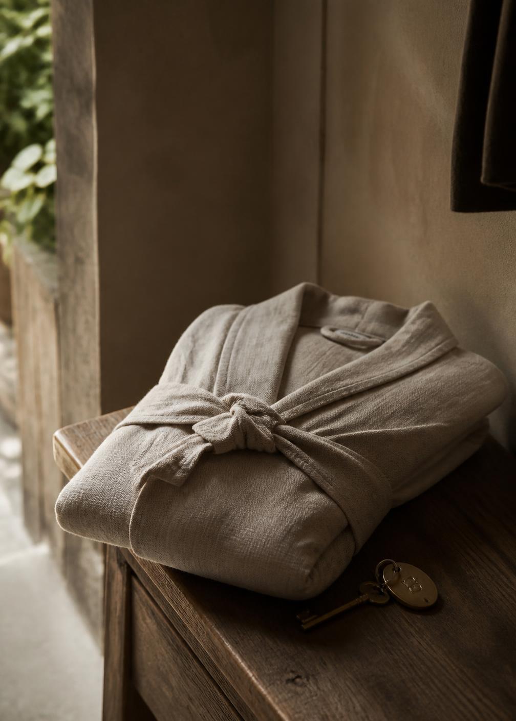 Folded oatmeal linen robe and a brass room key on a worn timber console in soft light