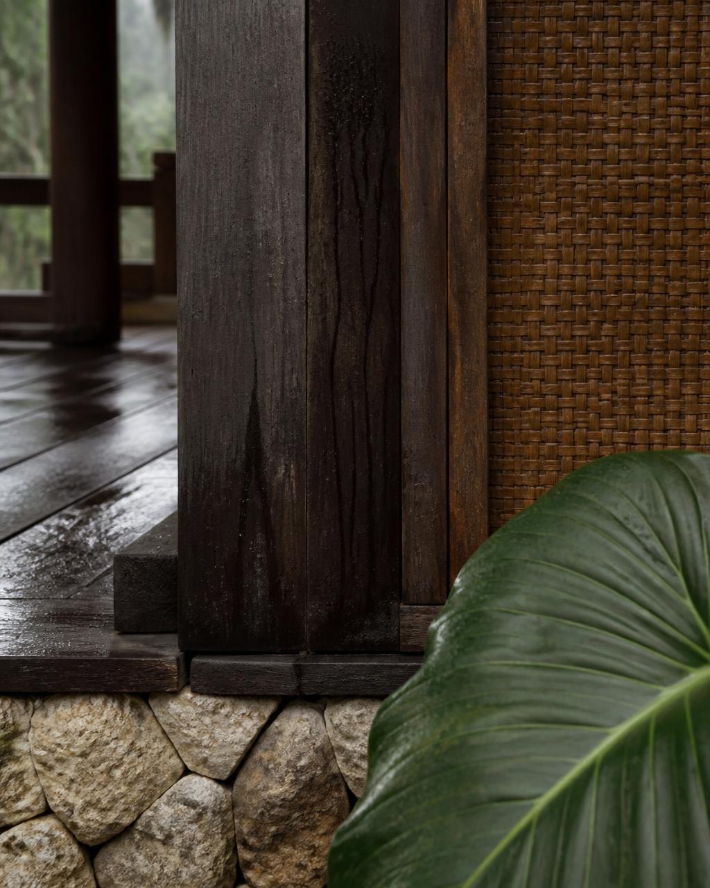 Close detail of weathered dark timber, natural stone and woven rattan on a tropical pavilion after rain
