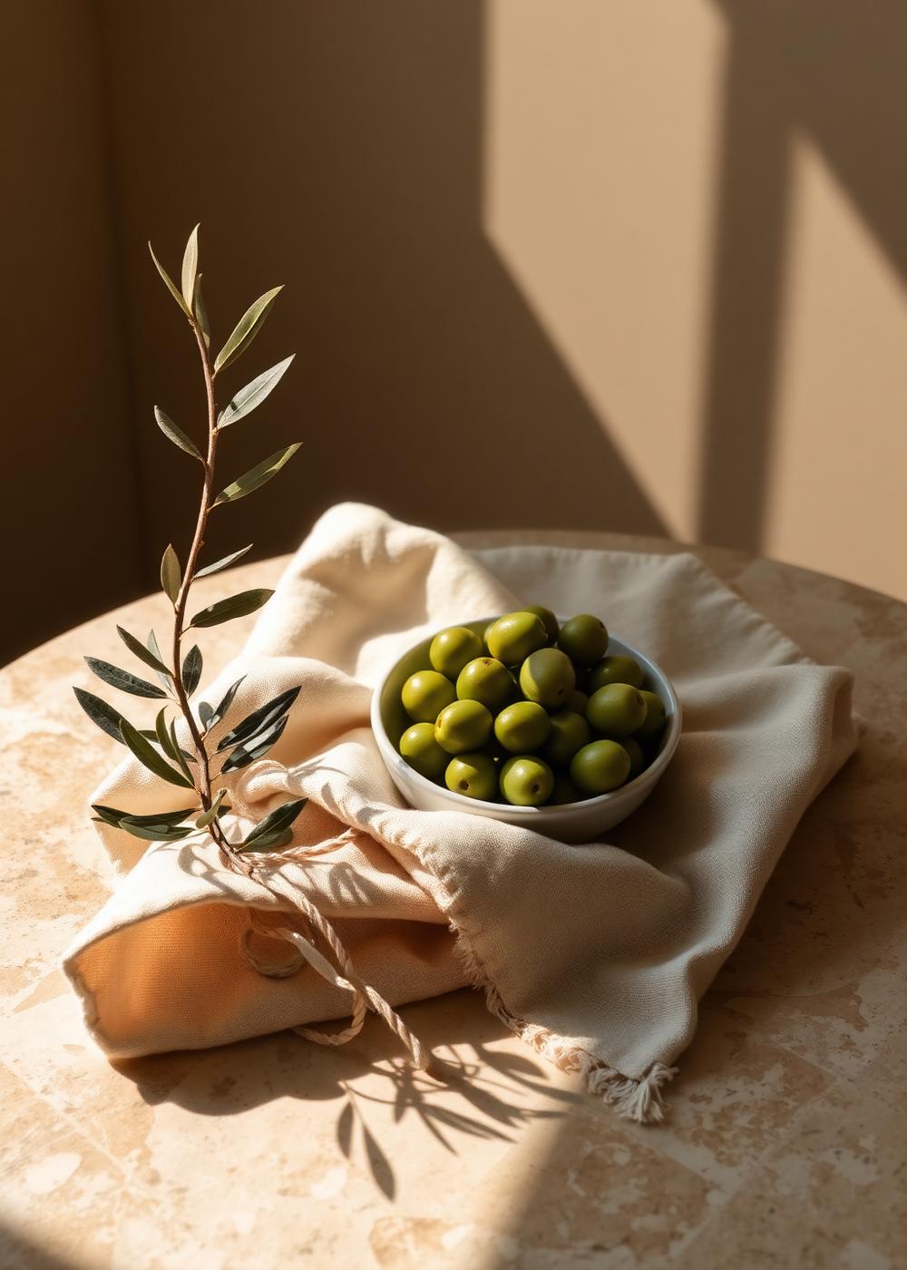 Olive branch and a bowl of green olives on linen on a sunlit travertine table