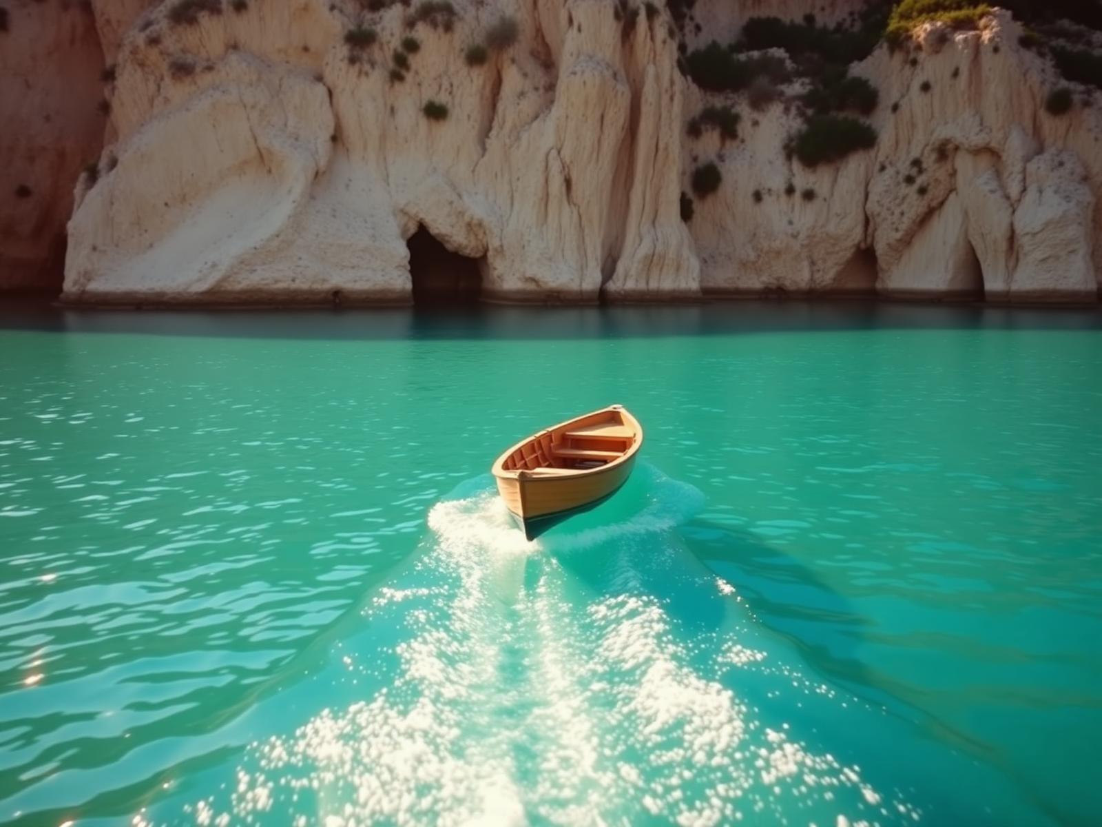 Small wooden tender crossing clear turquoise water towards a pale limestone shore