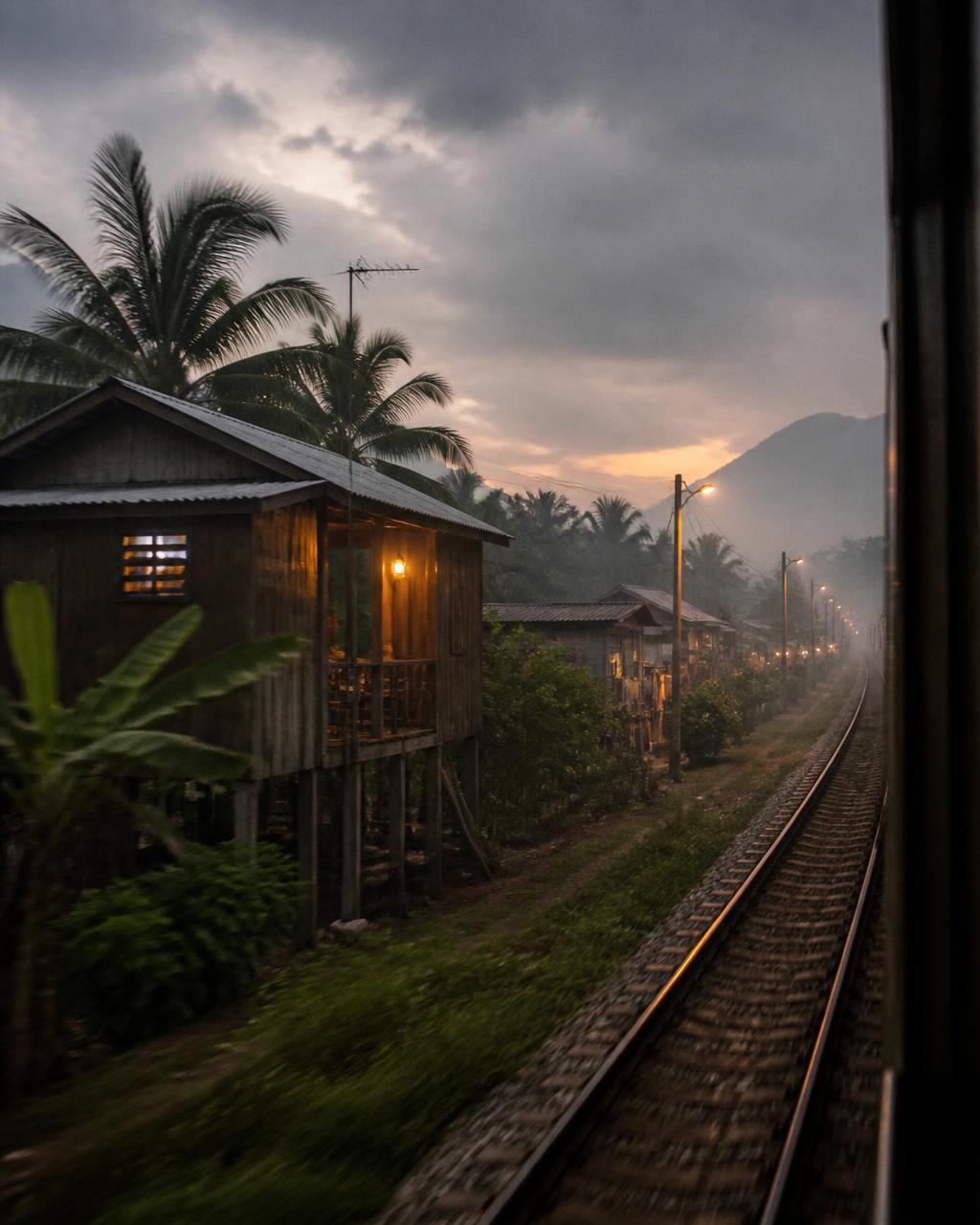 A Malaysian village of wooden stilt houses beside the railway at dusk, lamplight glowing under monsoon clouds