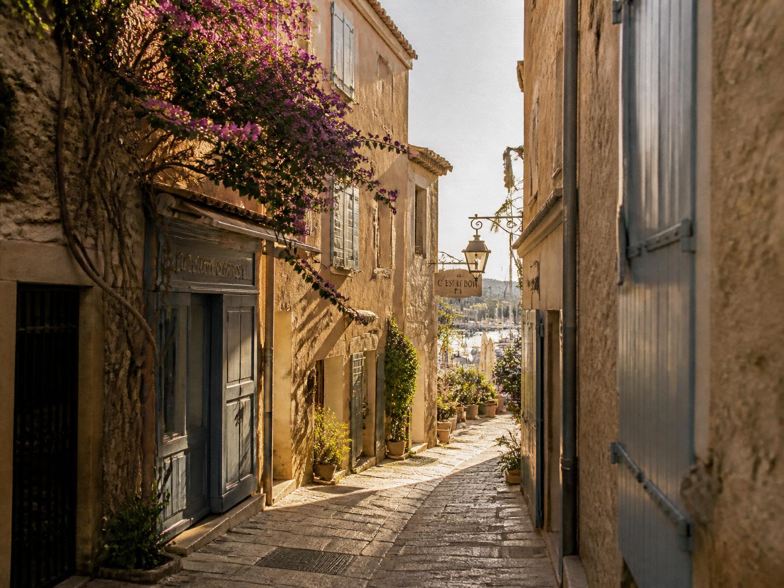 Narrow sunlit stone alley in a small Mediterranean port town with pastel shutters and bougainvillea
