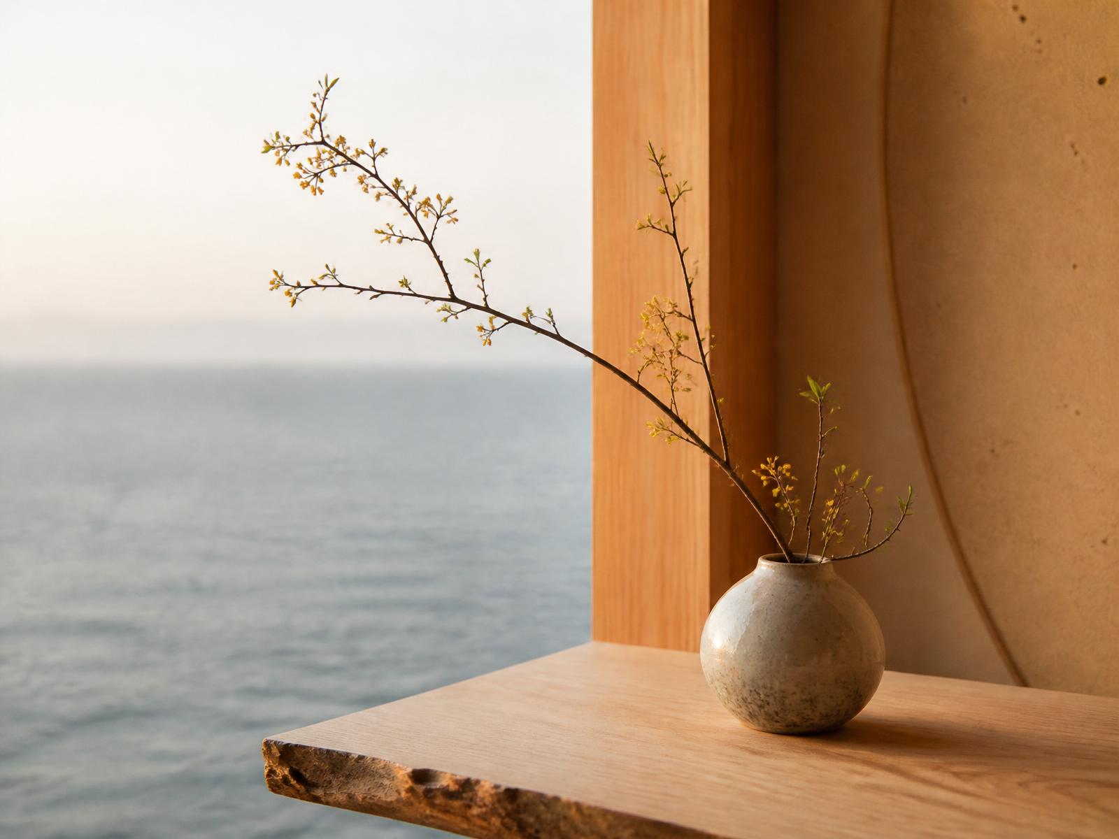 Single ikebana branch in a ceramic vessel on a hinoki ledge with the blurred sea beyond