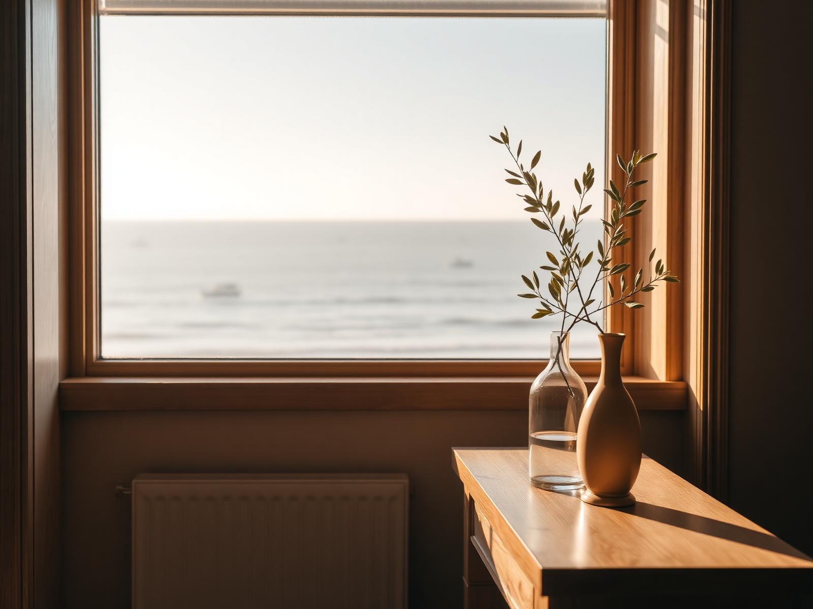 Olive branch in a slender vase on a pale oak console beside a window onto a blurred sea