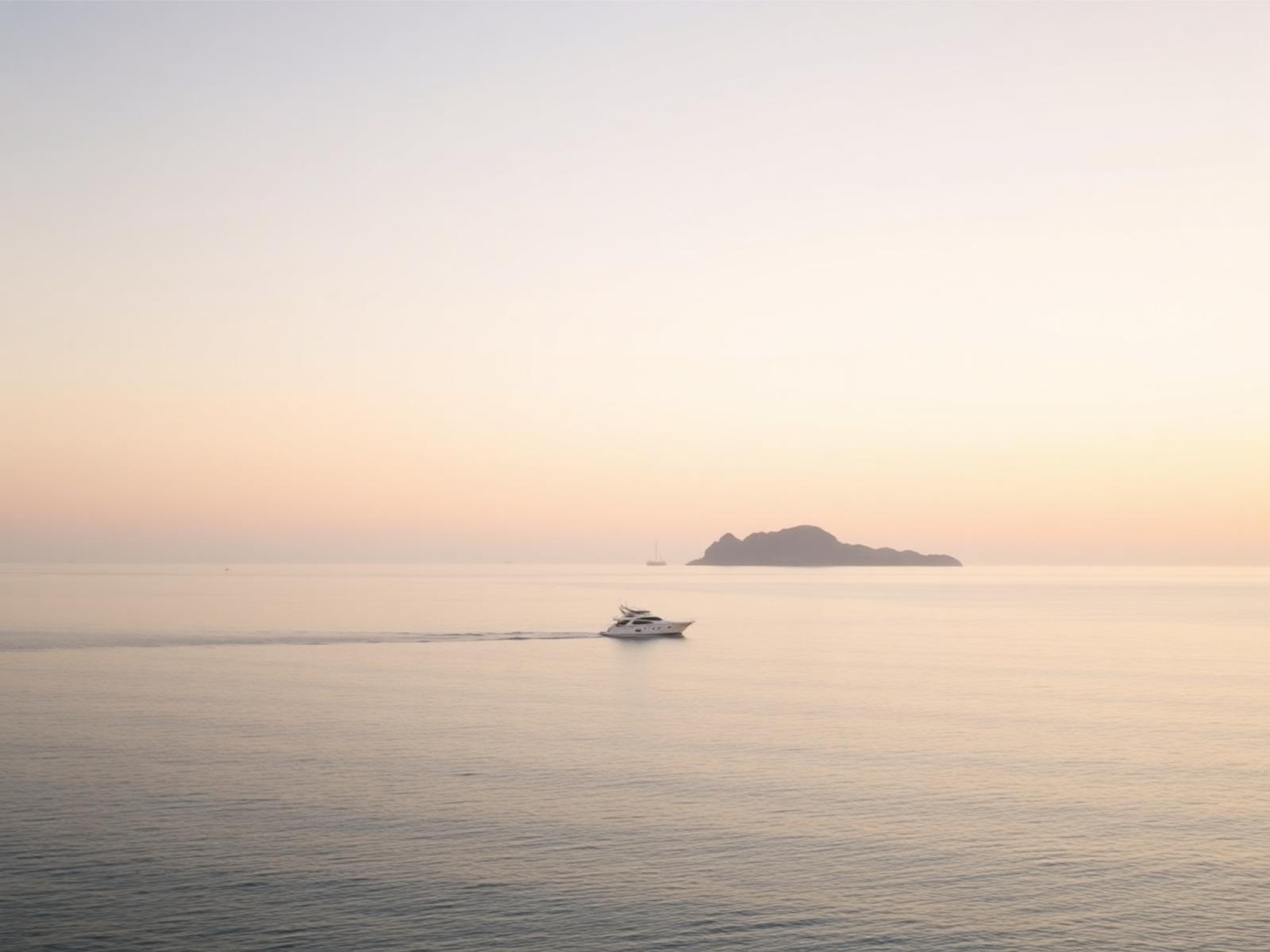 White yacht seen small against a vast pale dusk sea and a distant island