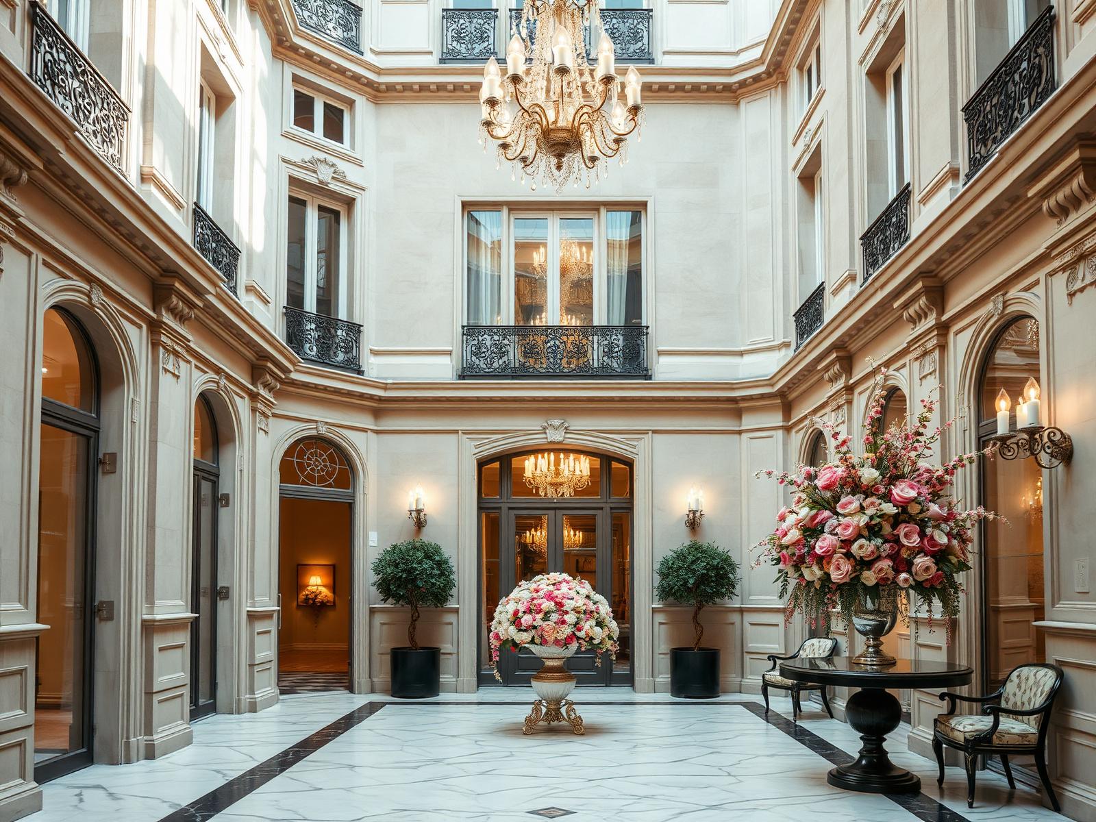 Marble courtyard of a Parisian palace hotel with limestone facades, chandelier and large floral arrangement