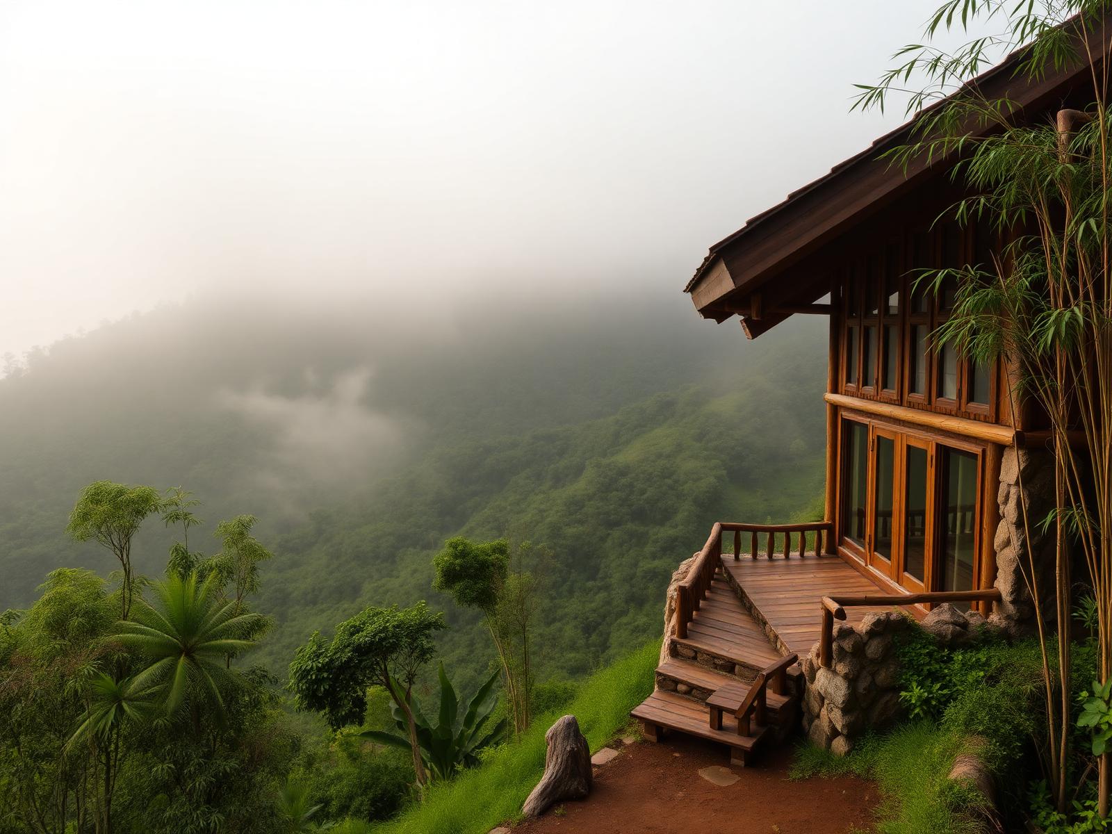 Timber and stone lodge terrace on a misty green volcanic hillside surrounded by bamboo