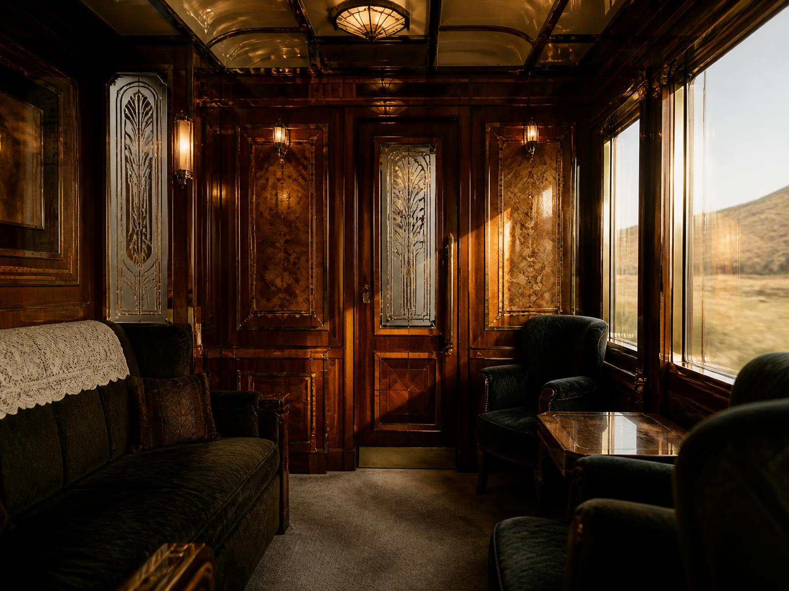 Interior of a restored 1920s Art Deco carriage with marquetry panelling, frosted glass panels, polished brass fittings and velvet seating in soft golden afternoon light
