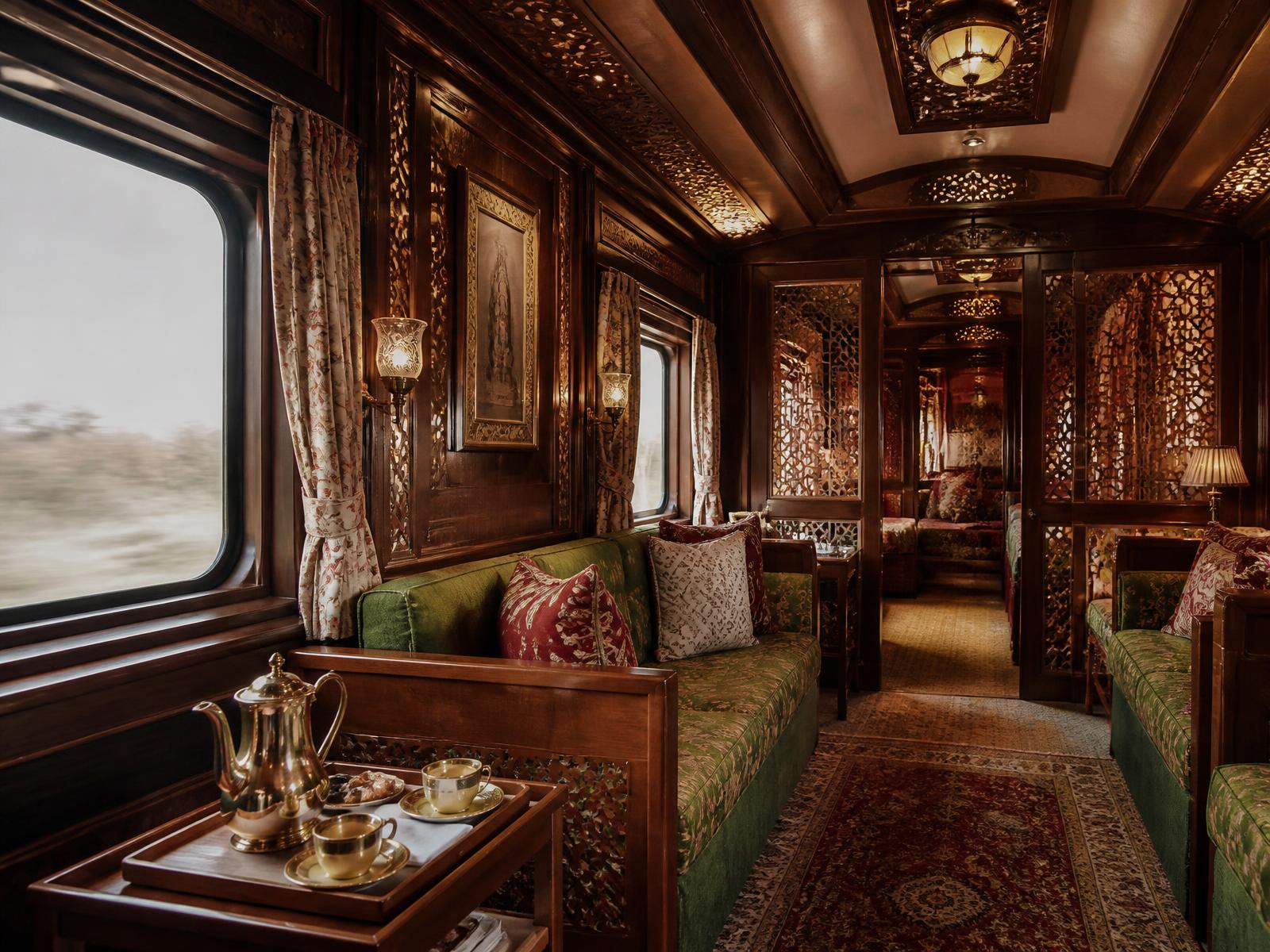 Interior of a palace-inspired Indian train carriage with hand-carved wood panelling, jali lattice screens, jewel-toned silk upholstery and brass lamps