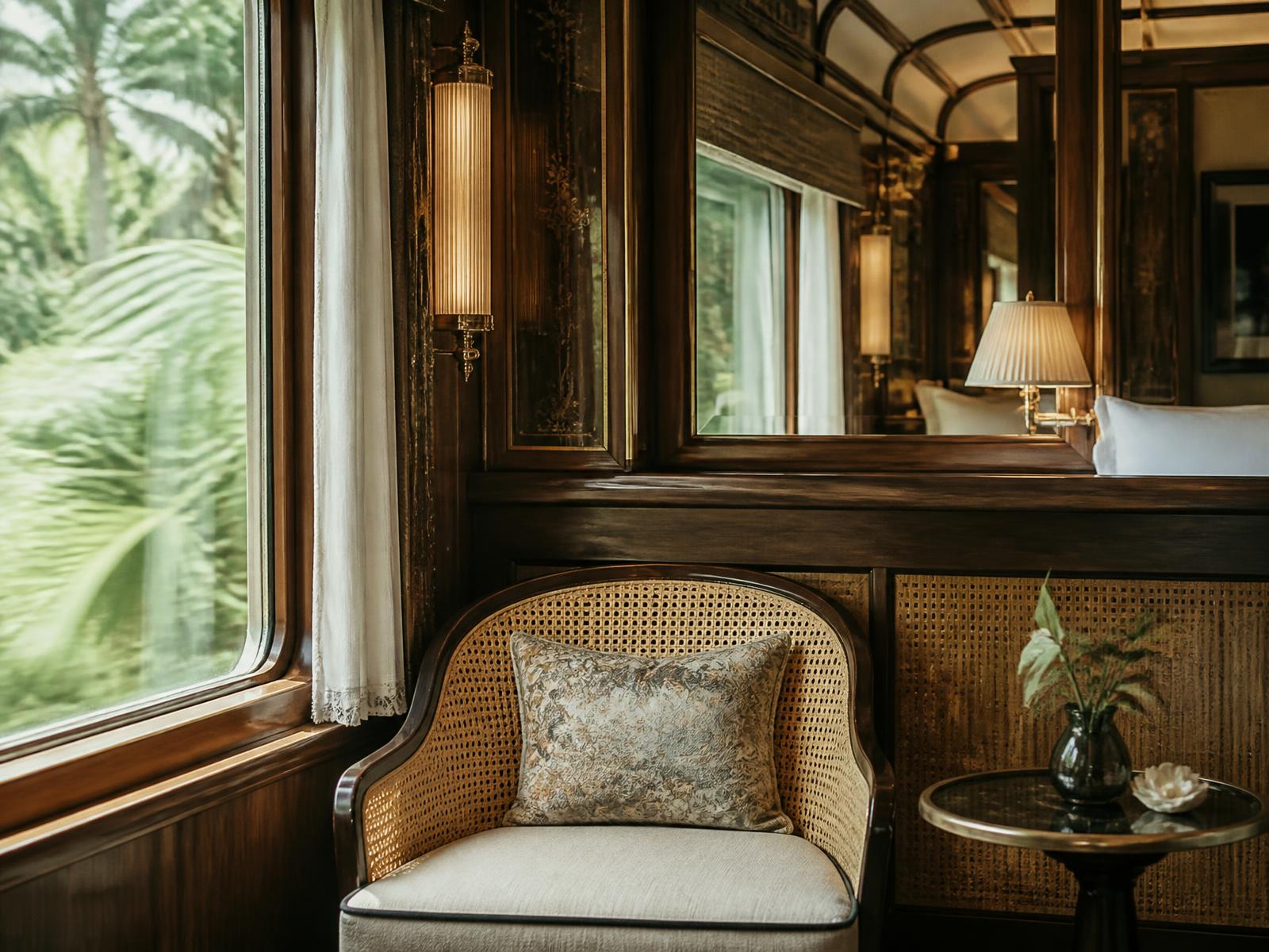 Colonial-elegant train carriage interior with polished timber panelling, rattan cane, silk cushions, brass lamps and green jungle passing the window