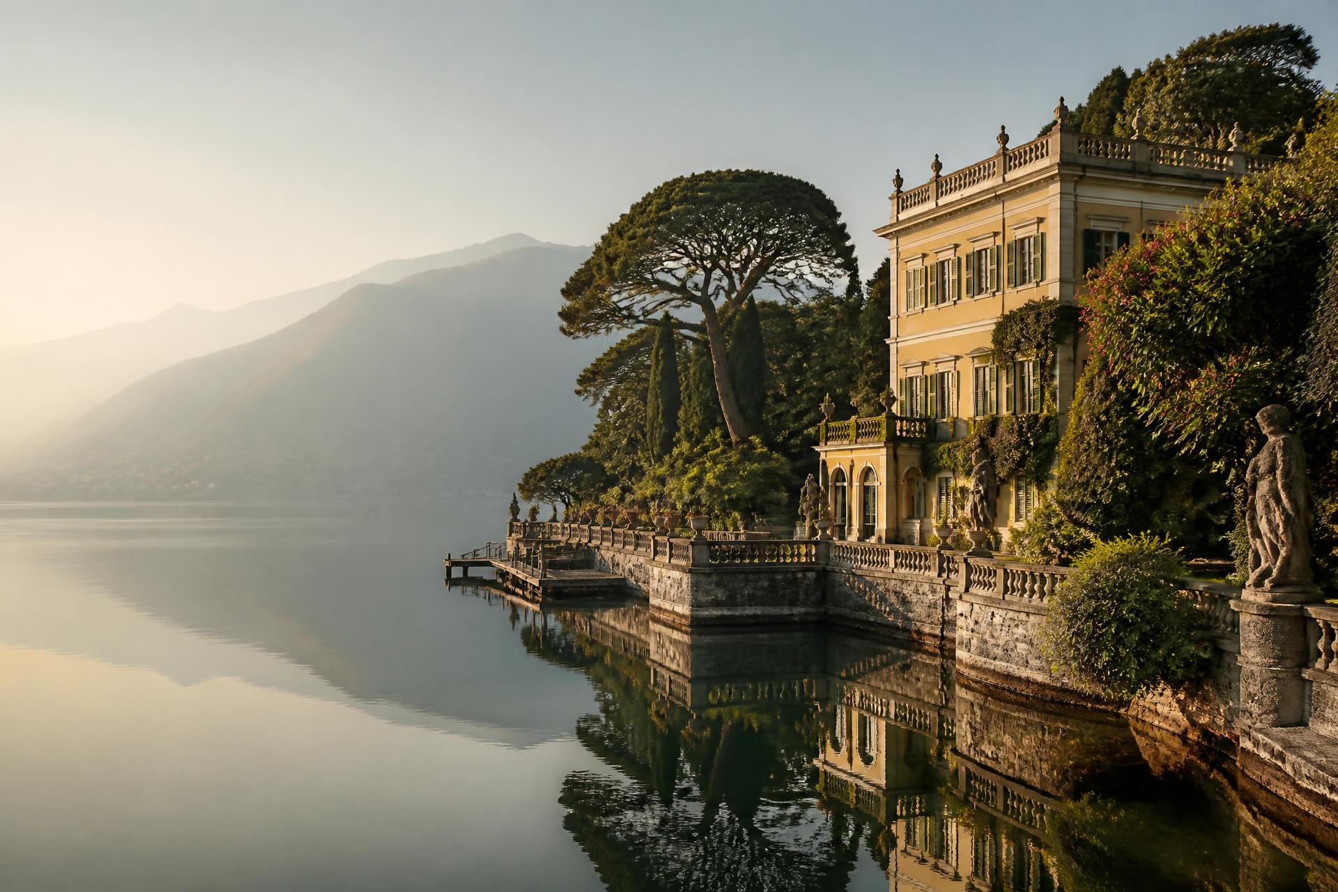 First light over Lake Como with the historic Villa Roccabruna, Mediterranean gardens, century-old cedars and a private waterfront reflected in still water