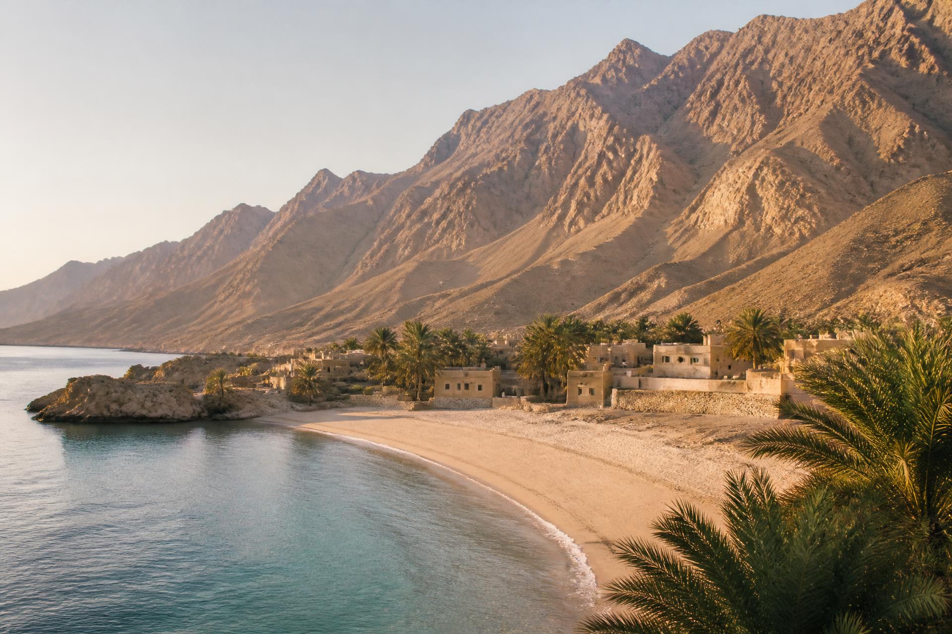 Golden sunrise over a secluded bay on the Gulf of Oman, with a traditional stone village and palm groves along a private beach beneath the dramatic bare Hajar Mountains
