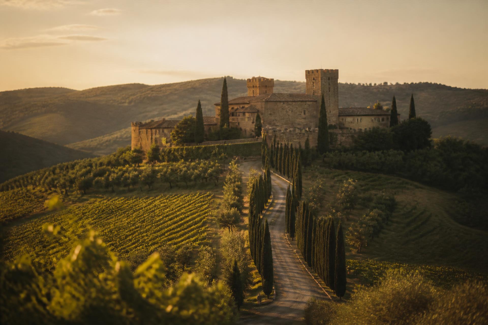 A honey-stone twelfth-century Tuscan castle estate above vineyards and olive groves at golden hour, with a cypress-lined drive and long shadows