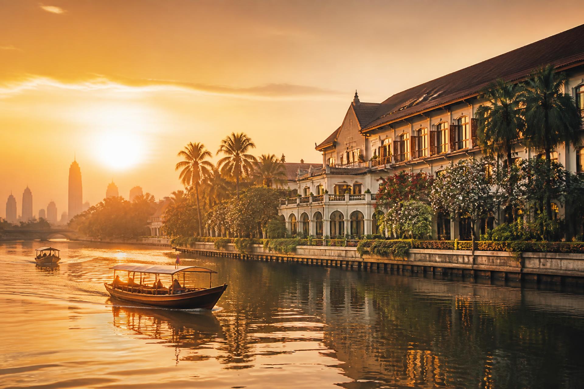 Sunrise over the Chao Phraya River in Bangkok with a wooden long-tail boat, temple spires in golden mist and the terrace of a historic riverside hotel