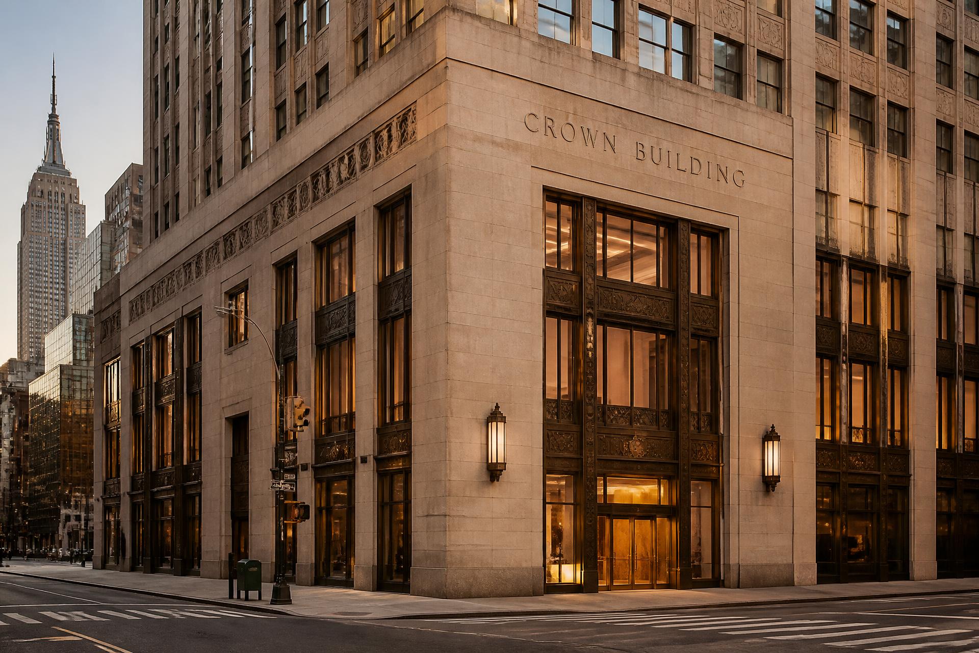 The limestone and bronze façade of the Crown Building on Fifth Avenue in soft autumn morning light, warm interior lighting behind tall windows and the Manhattan skyline beyond