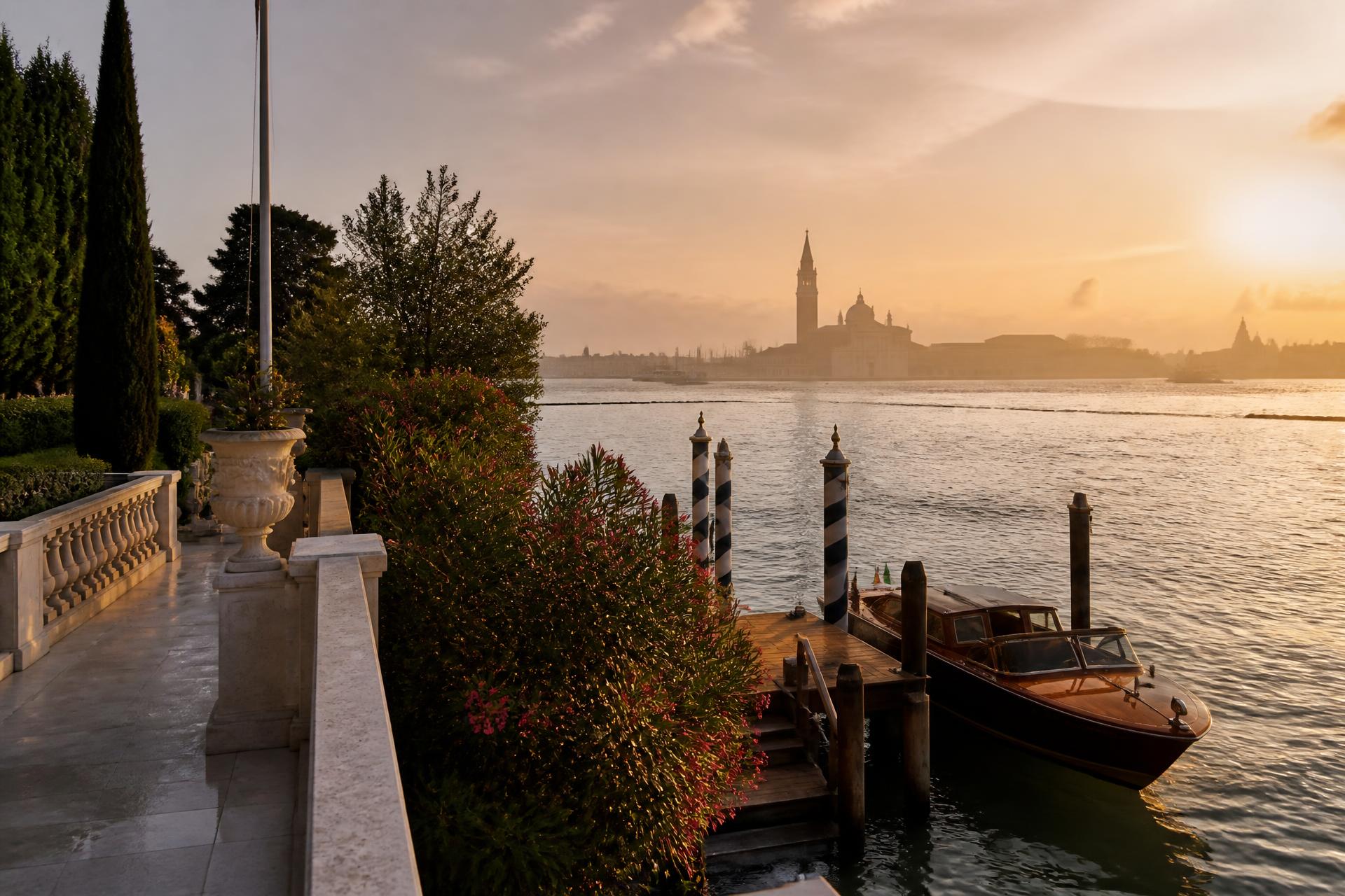 Sunrise over the Venetian lagoon from the gardens of Hotel Cipriani on Giudecca, with marble terrace, cypresses and a wooden Riva boat at the private pier