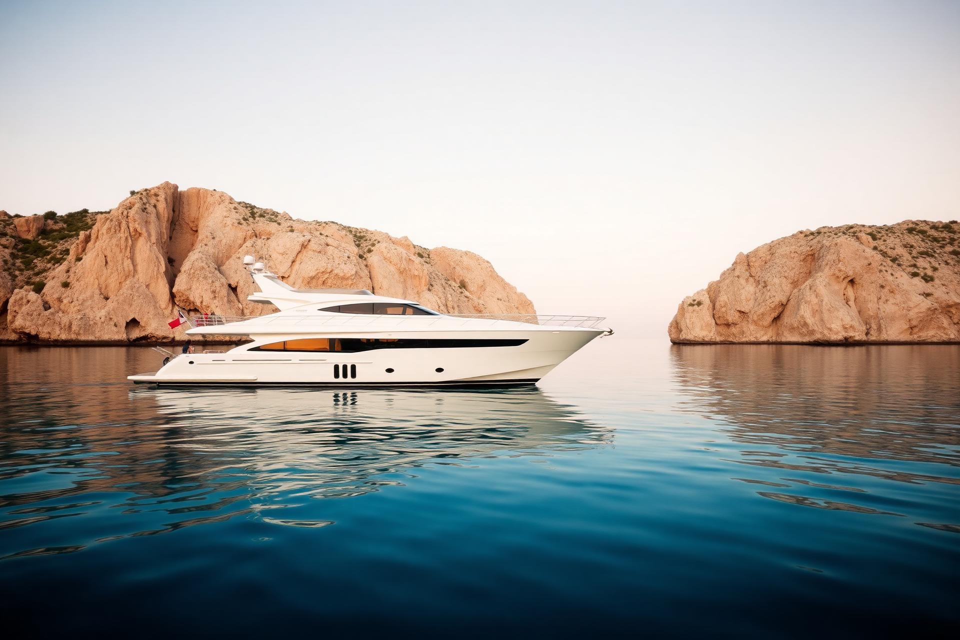 White yacht at anchor in a calm Mediterranean bay at golden hour with warm limestone cliffs behind