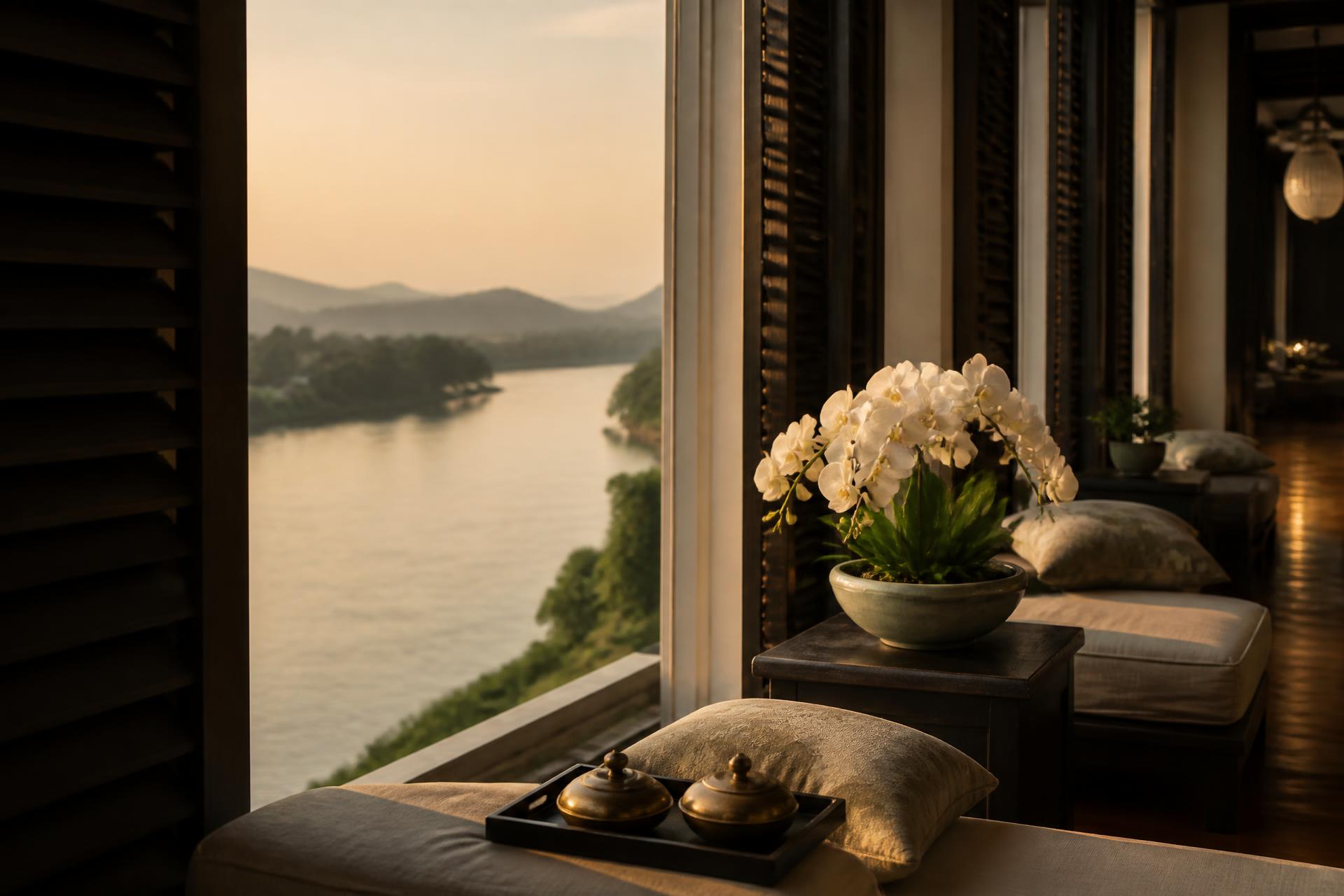 Shuttered hotel terrace at golden hour with silk cushions, white orchids and a wide river below