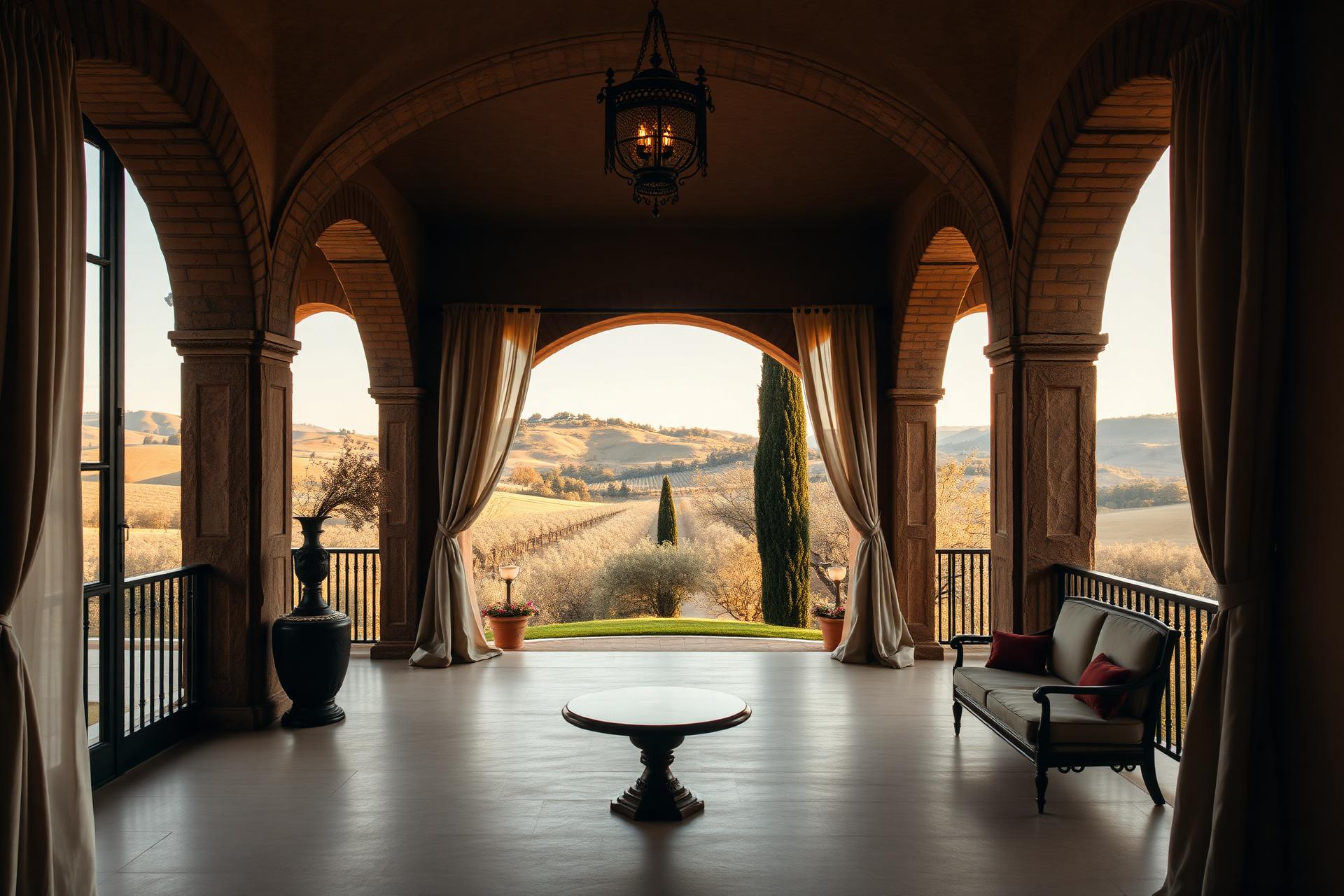 Stone loggia with linen curtains opening onto rolling Tuscan hills and olive groves at golden hour