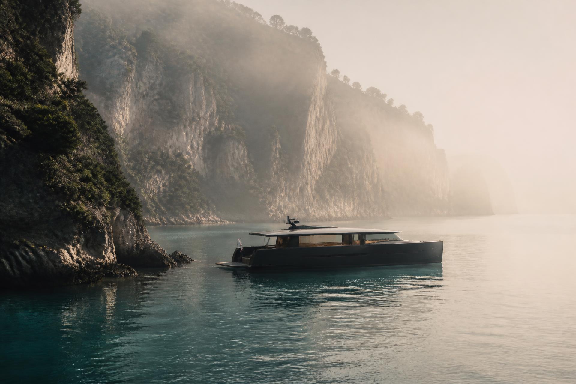 Dark-hulled minimalist yacht anchored alone in an empty turquoise bay at dawn, sheer cliffs in soft mist