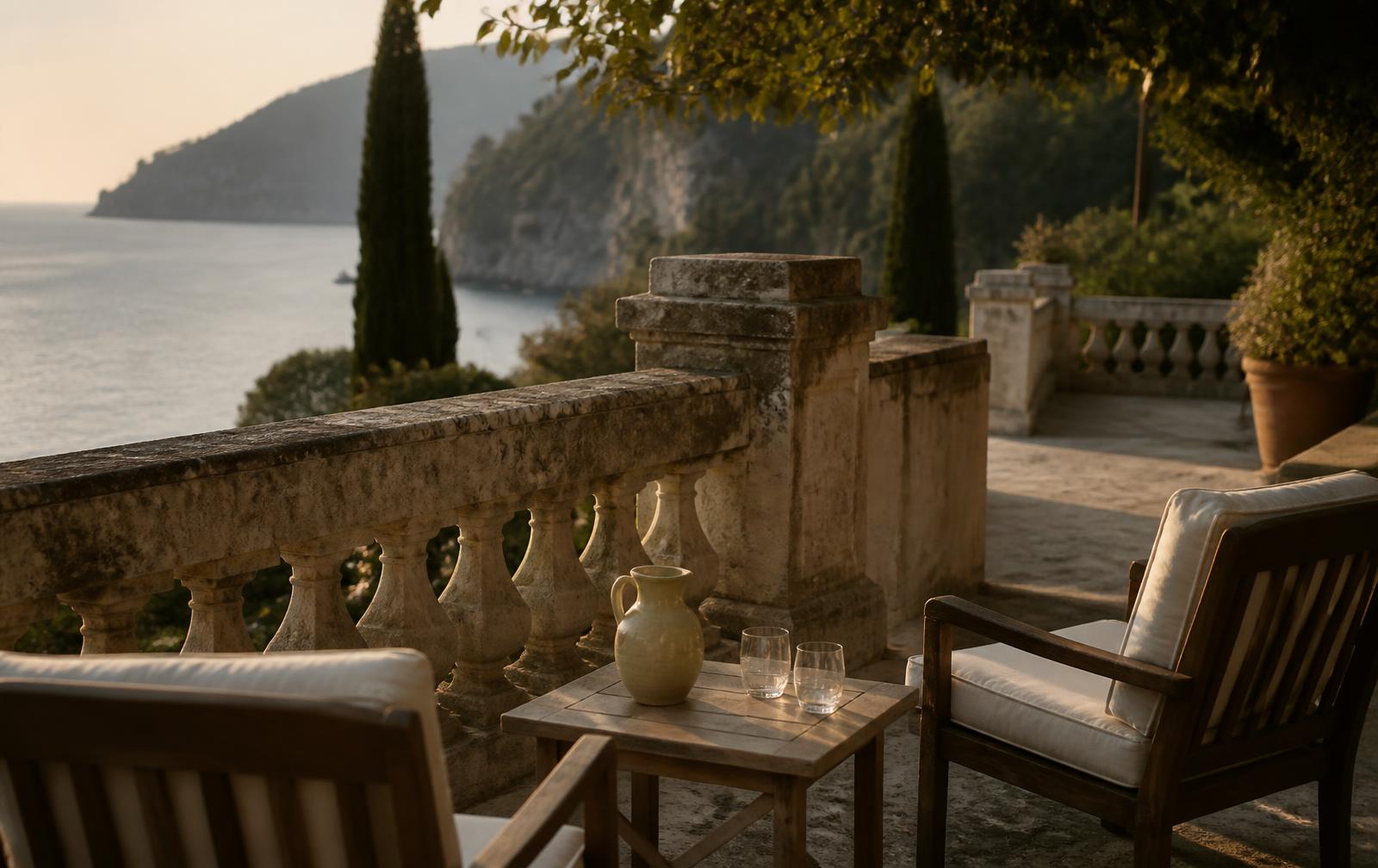 Steinterrasse eines mediterranen Hauses im Abendlicht mit Blick über das Meer