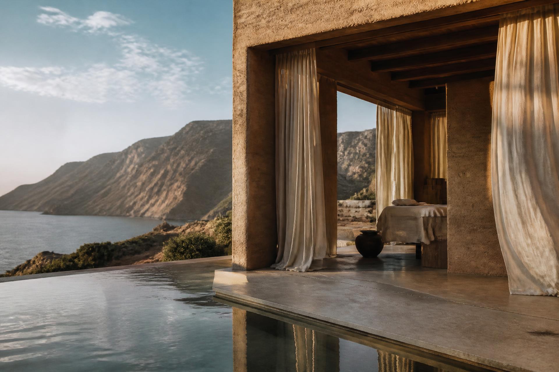Rammed-earth treatment pavilion with linen curtains opening onto a still pool and a mountain coastline at golden hour