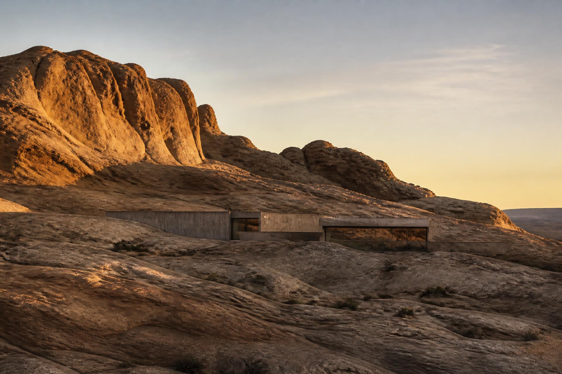 Low horizontal concrete retreat set into warm sandstone mesas in the southern Utah desert at golden sunrise