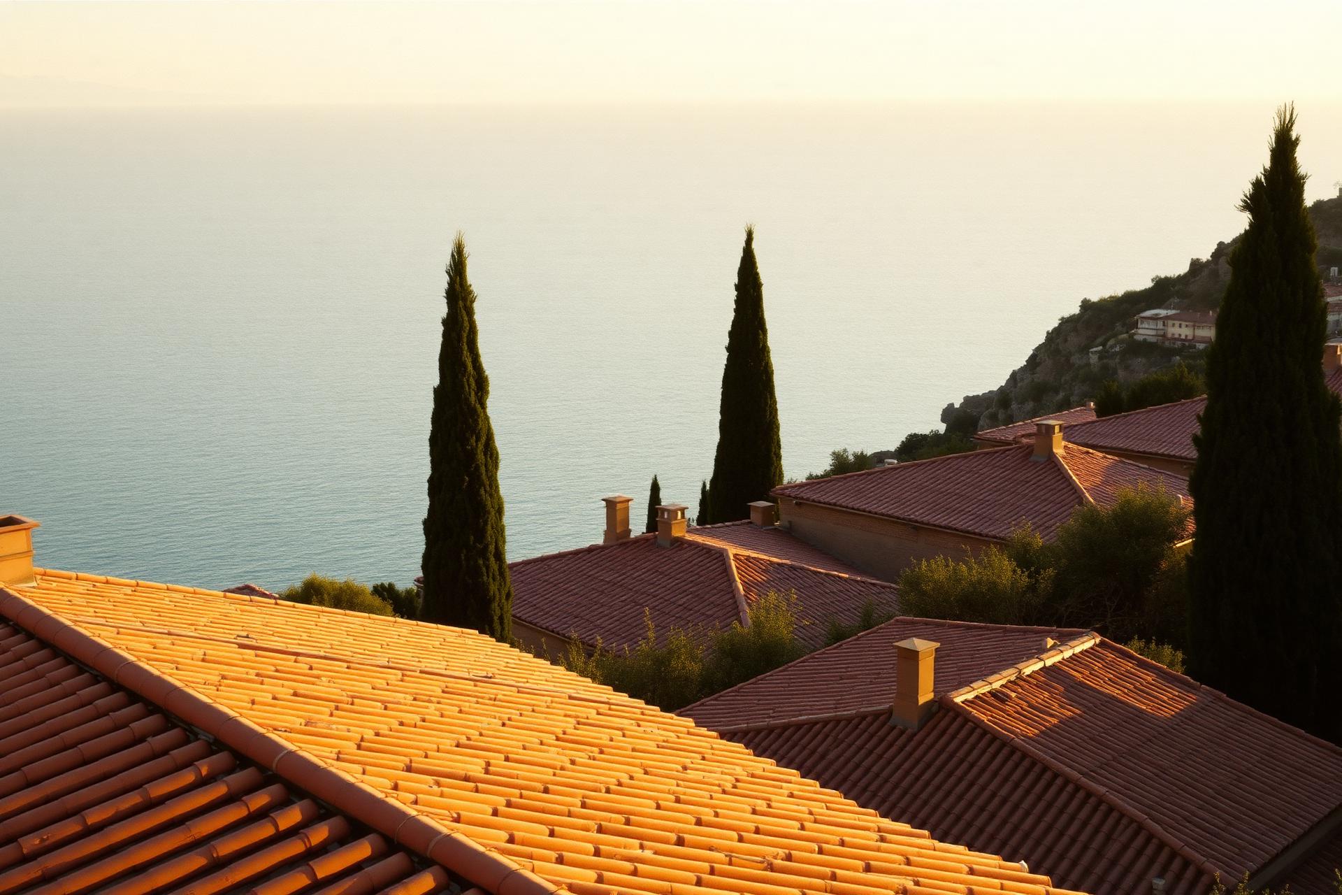 Terracotta rooftops and cypress trees above a calm Mediterranean sea at golden hour