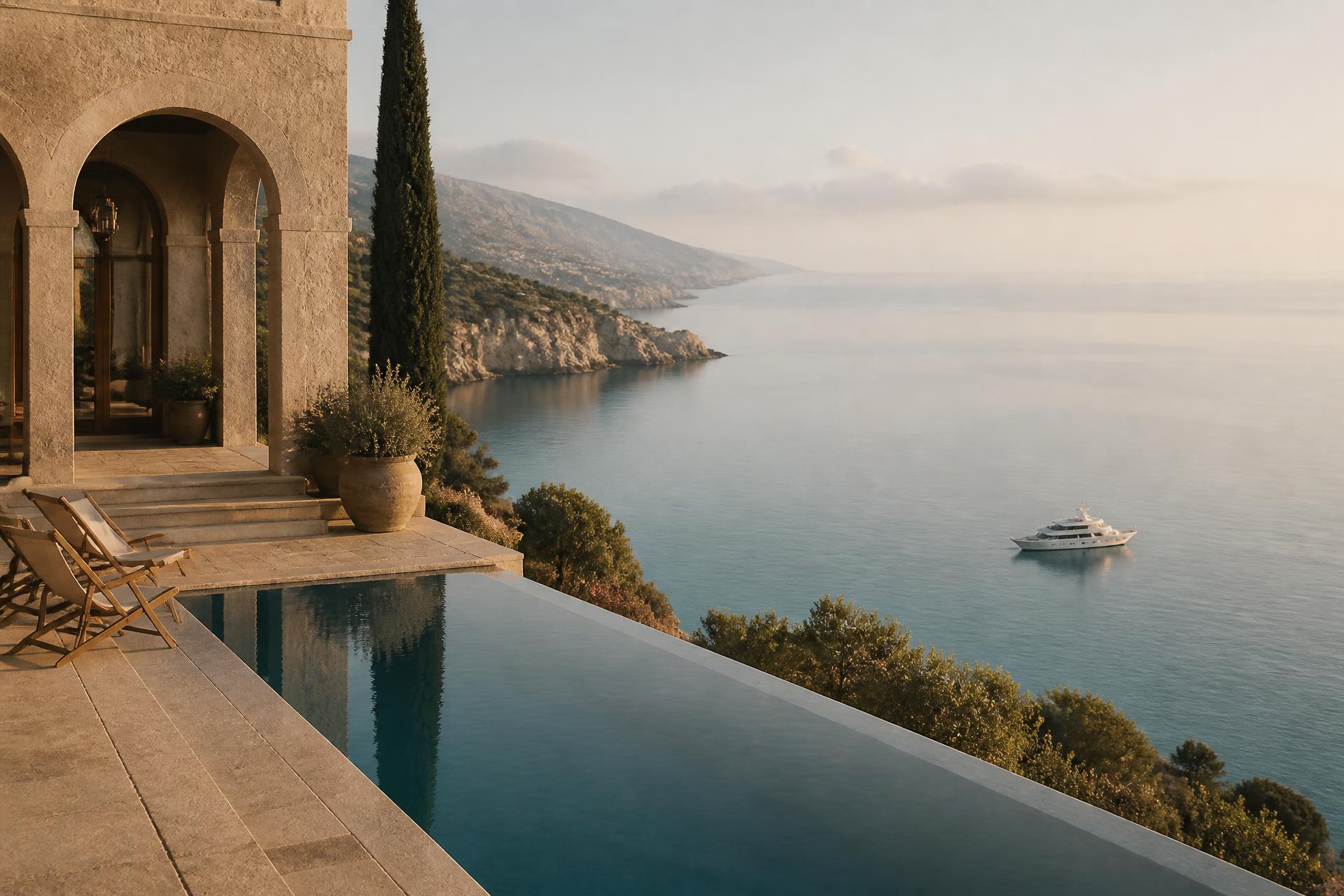 Stone Mediterranean villa terrace at sunrise with cypress trees, an infinity pool and a white yacht at anchor in the bay below