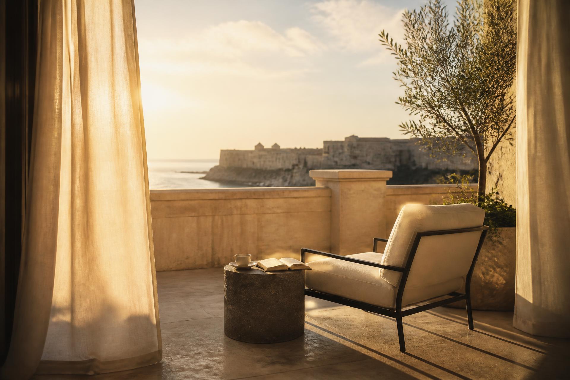 A quiet limestone hotel terrace in evening light with linen curtains, an armchair and a view of the sea