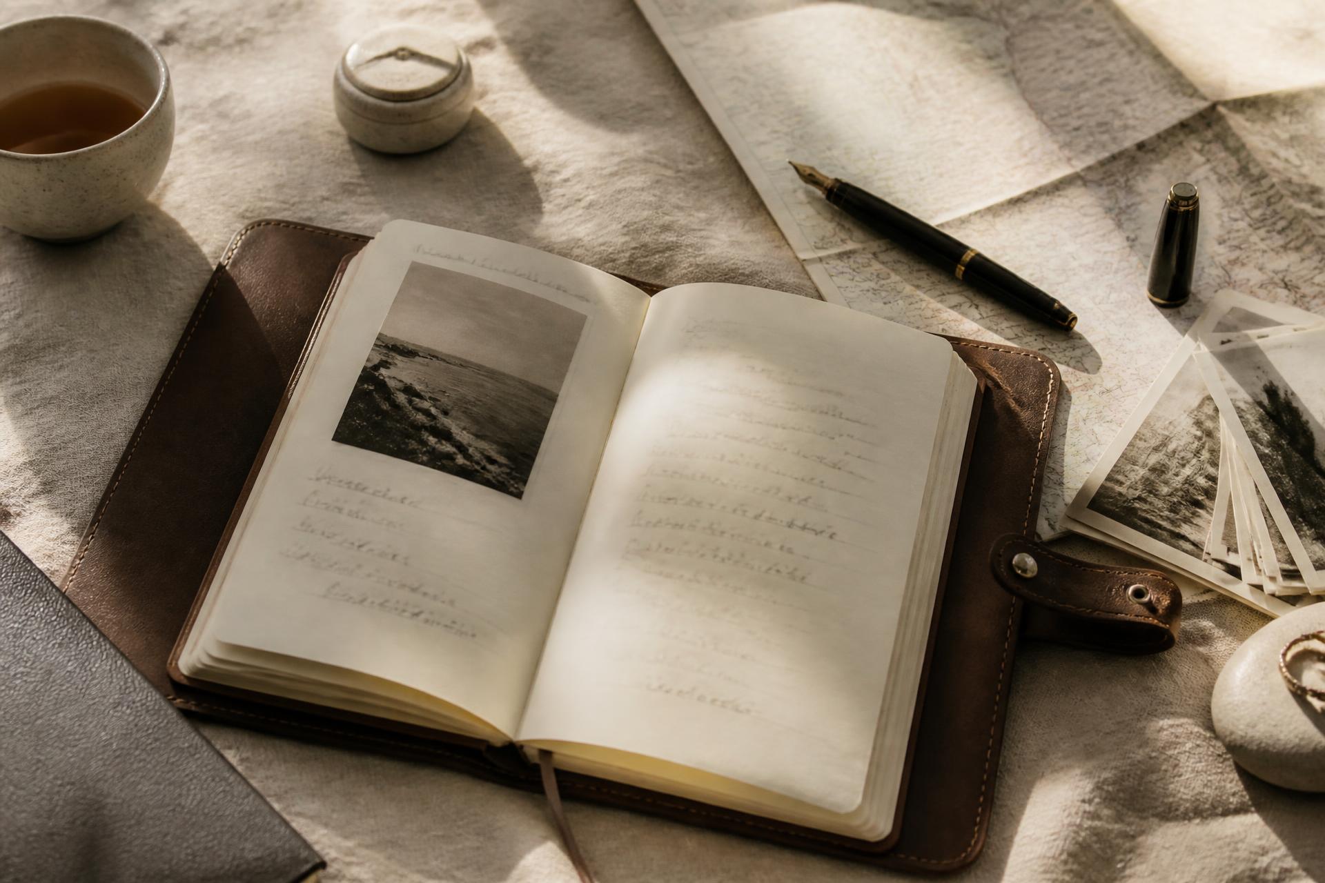 Aufgeschlagenes Reisetagebuch mit handschriftlichen Notizen im warmen Morgenlicht