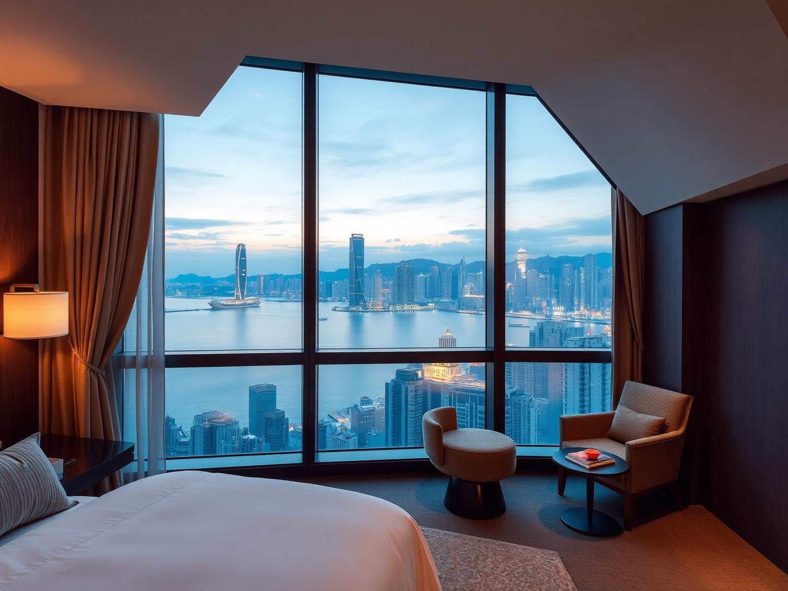 Refined hotel room with a floor to ceiling window over Victoria Harbour at blue hour