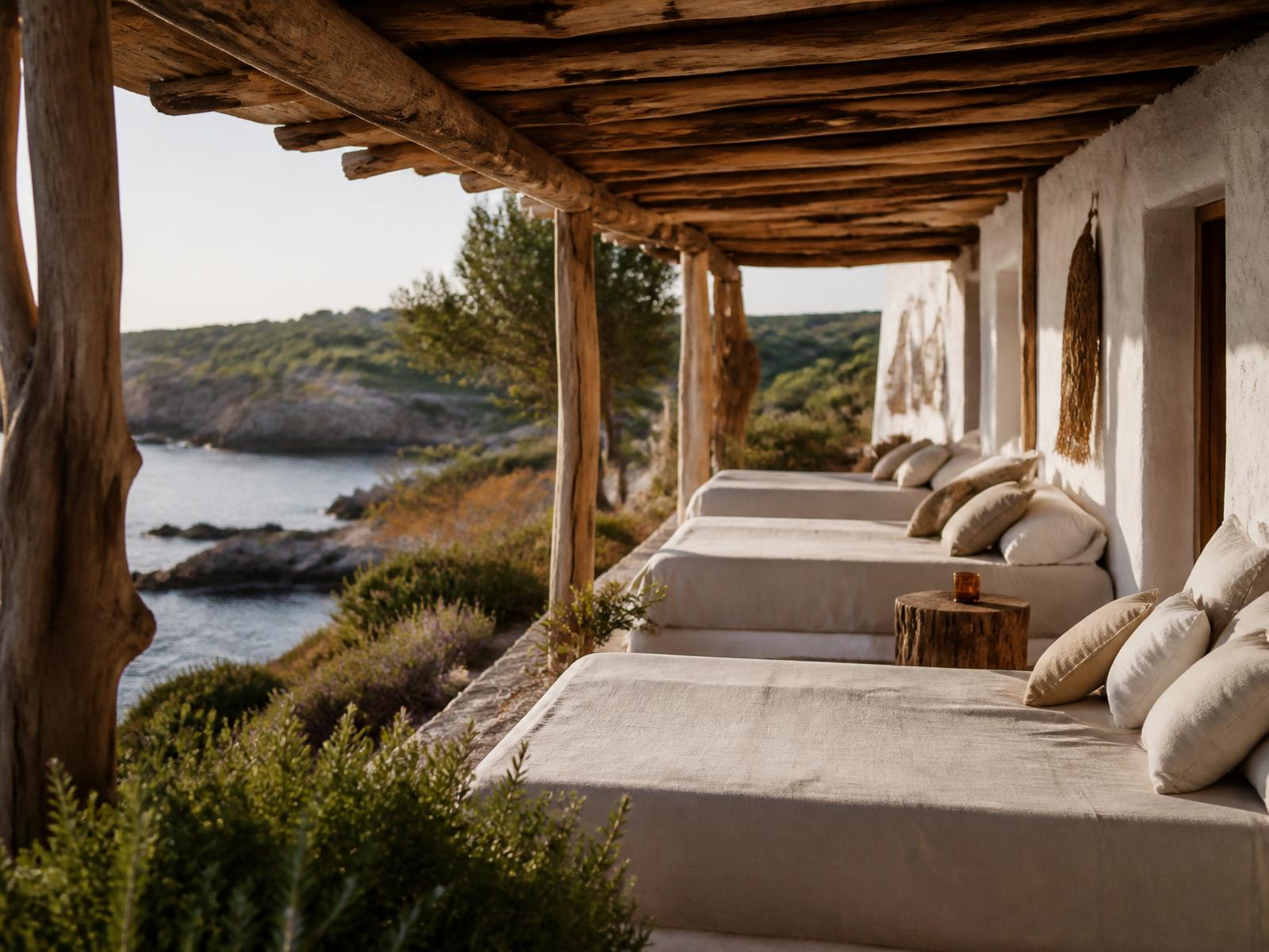 Whitewashed Ibizan terrace with rustic timber beams and linen daybeds above a red-rock cove