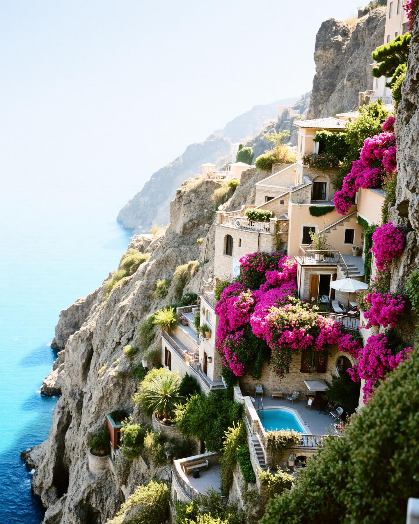 In den Fels gebaute Terrassen unterhalb von Positano mit Bougainvillea über türkisem Wasser