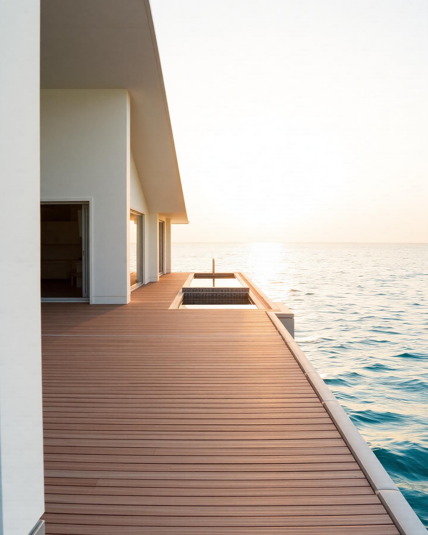 Wasservilla im Abendlicht mit Holzdeck, privatem Pool und ruhiger Lagune