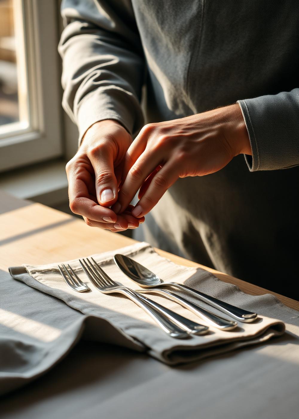 Hands polishing silver cutlery laid on grey linen in warm window light