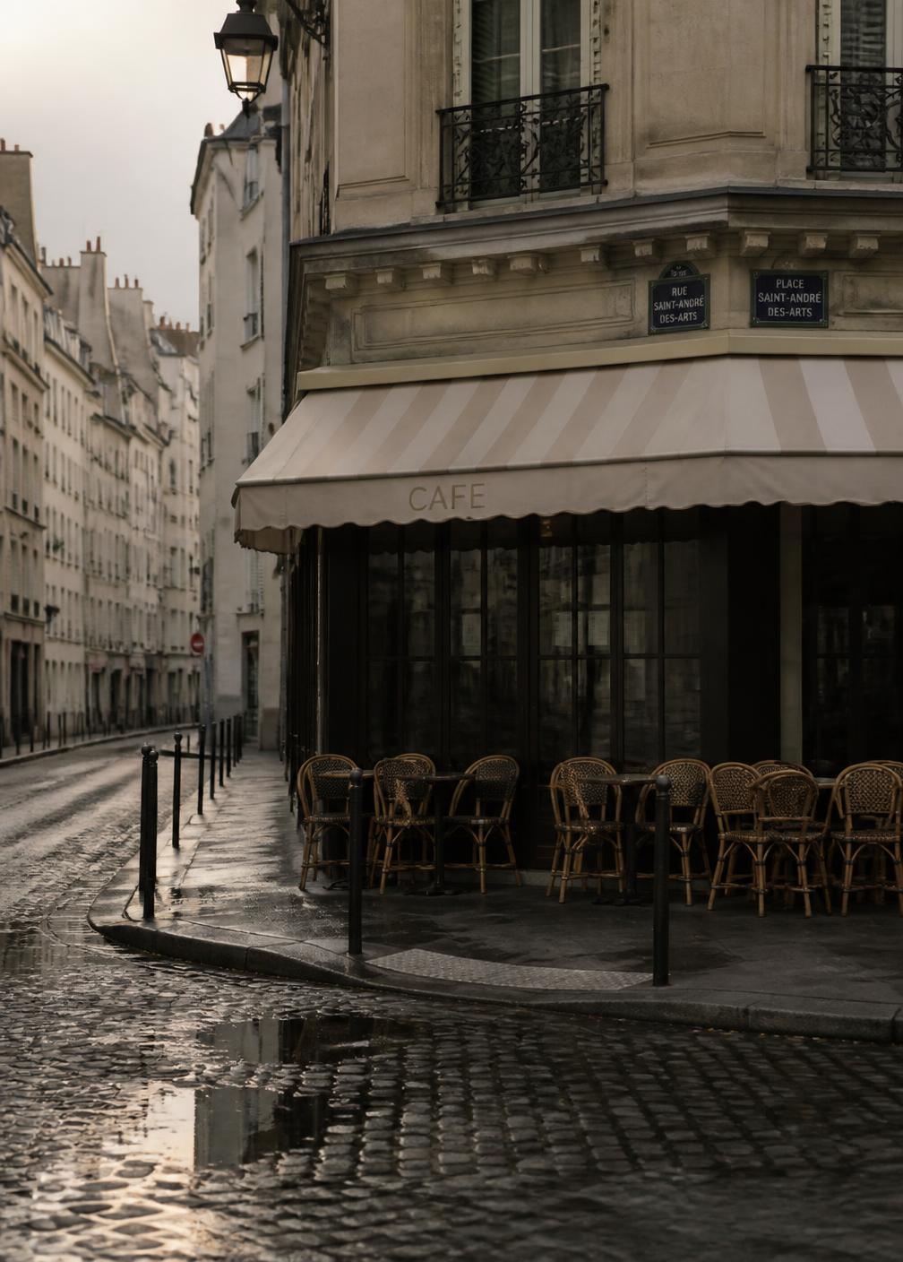 Empty Parisian street corner at early morning with wet cobblestones and a closed café terrace of rattan chairs