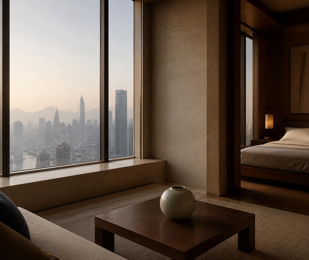 Serene Asian city hotel interior at dawn with pale stone, warm timber and tall windows over a misty metropolis