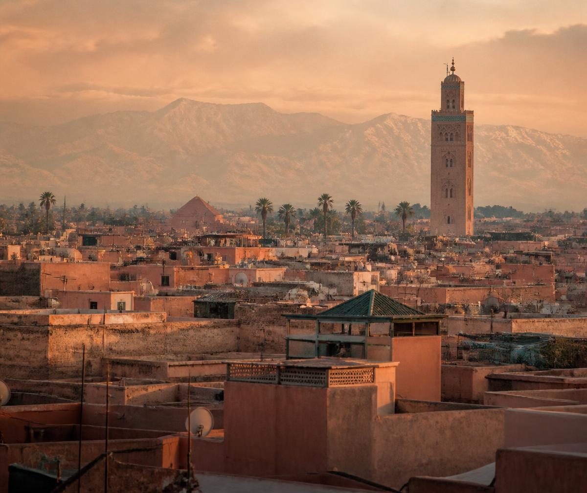 Rooftops of the Marrakech medina at dusk with terracotta walls, the Koutoubia minaret and the Atlas Mountains beyond