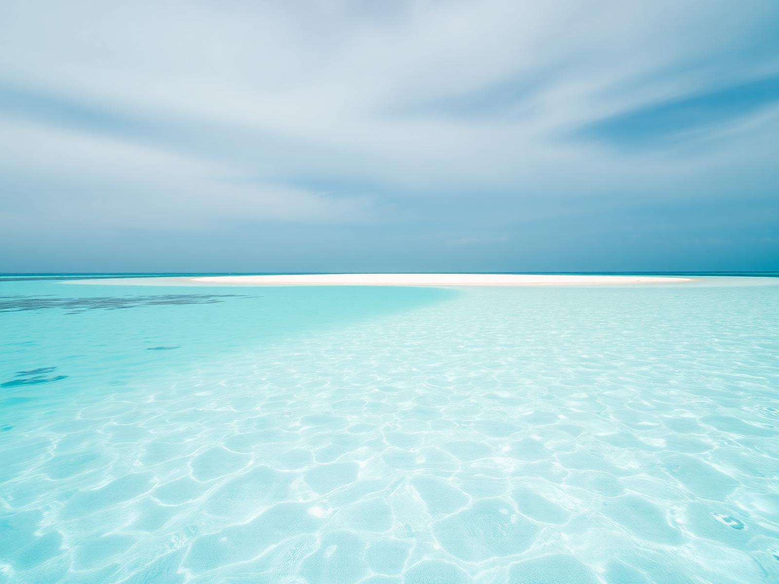 A deserted sandbank surrounded by turquoise Caribbean water beneath a wide open sky
