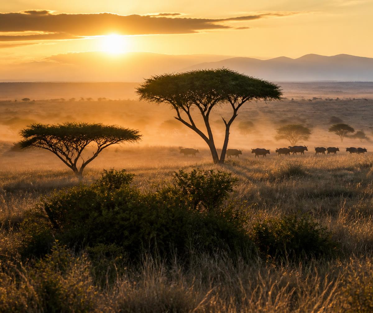 Open savannah at dawn with mist, flat-topped acacia trees and a distant herd of buffalo in golden light