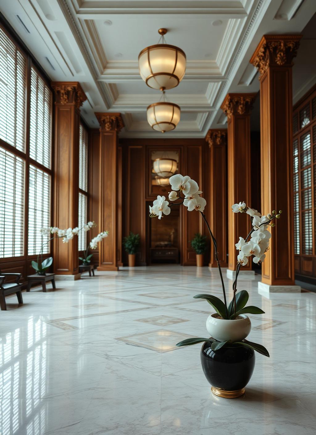 Grand historic Asian hotel interior with teak columns, marble floor, tall louvred windows and white orchids in morning light