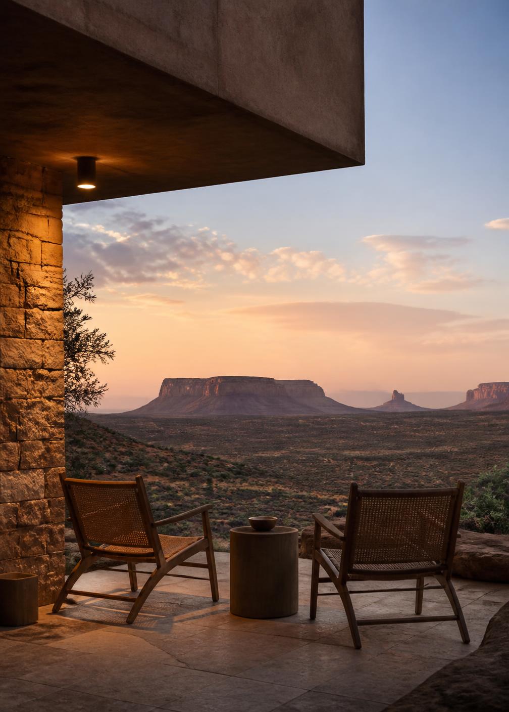 Two simple chairs on a stone terrace facing distant desert mesas at dawn