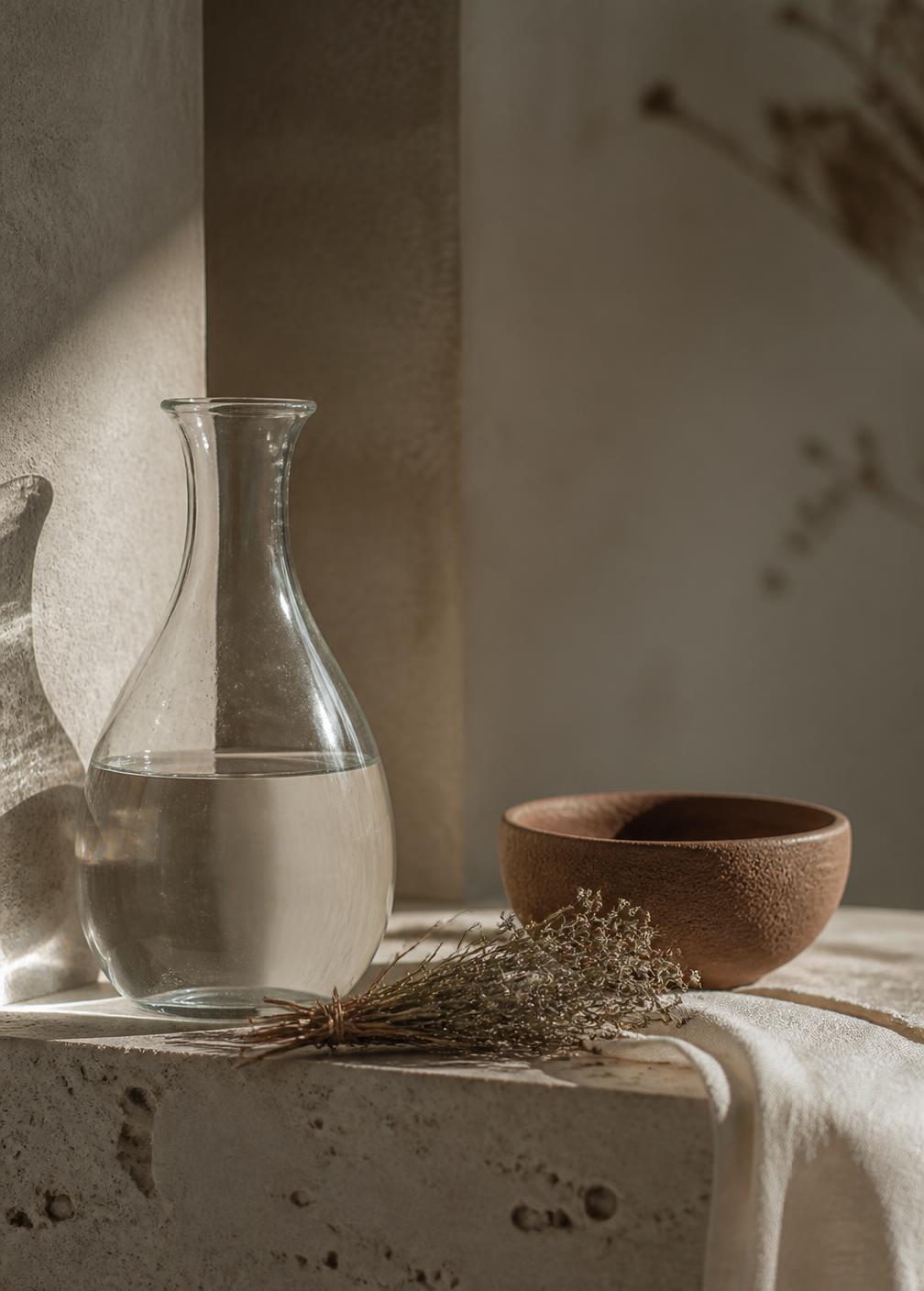 Glass water carafe, dried herbs and a clay bowl on a rough travertine ledge in soft morning light
