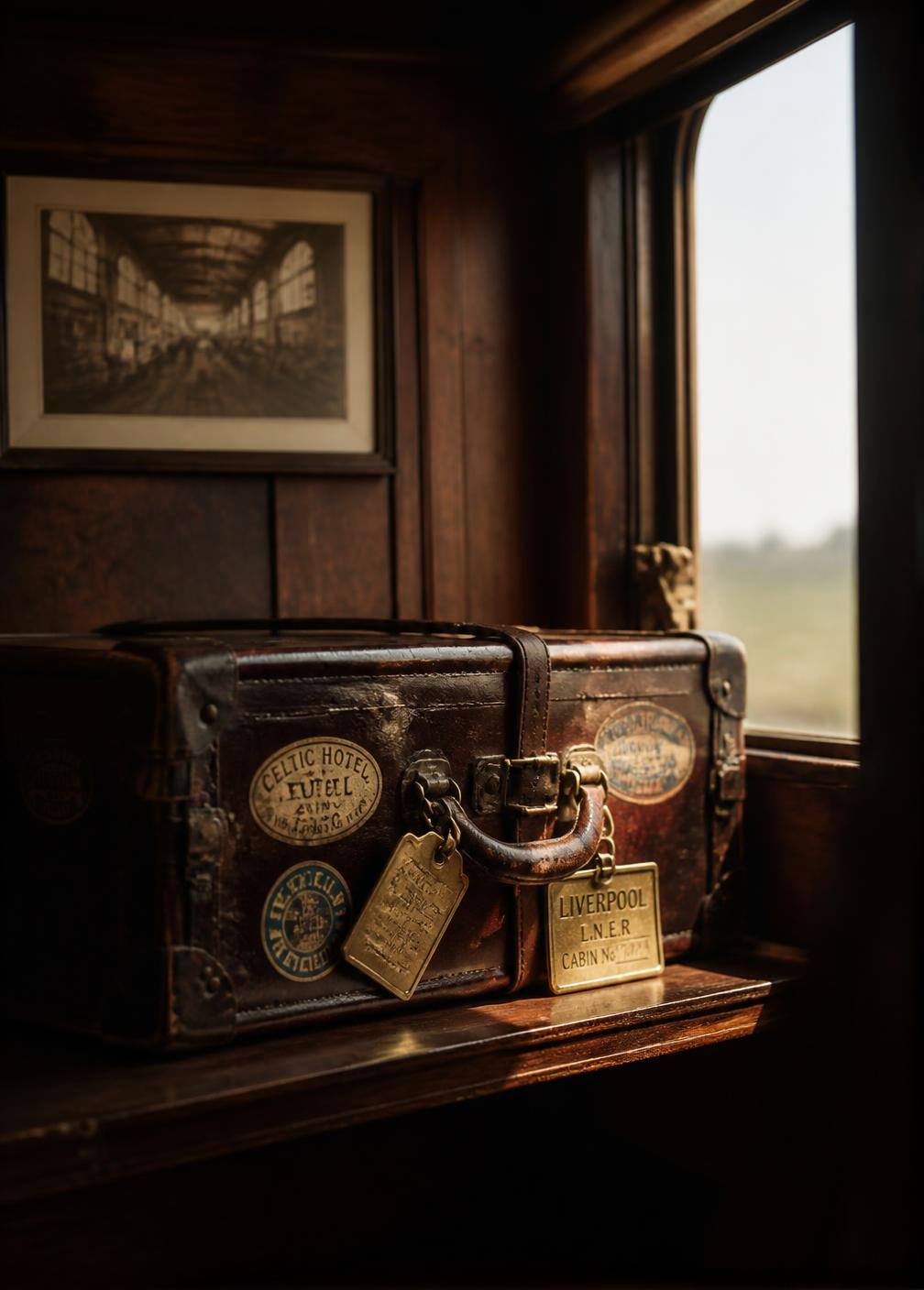 Vintage leather steamer trunk with brass luggage tags on a shelf in a wood-panelled train carriage