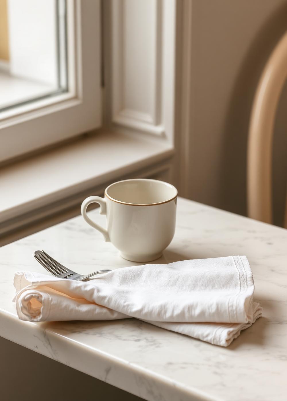 Porcelain cup, silver fork and folded white linen napkin on a pale marble table in soft morning light