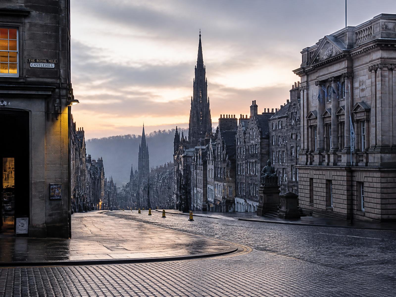 Die Old Town von Edinburgh bei Morgengrauen, nasses Kopfsteinpflaster und historische Steintürme unter einem sanft rosafarbenen Himmel