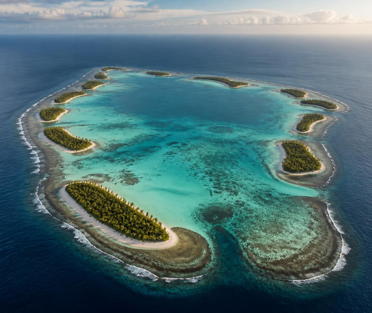 Aerial view of a remote South Pacific coral atoll with palm-covered motu around a vast turquoise lagoon