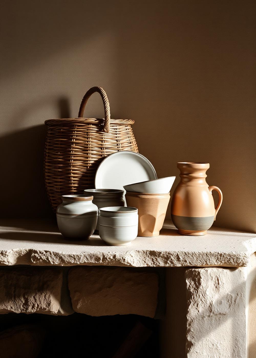 Local artisan ceramics and a woven basket on a rough stone ledge in warm light